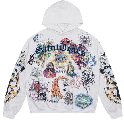 Cactus Pack Sudadera con capucha unisex SAINT Hip Hop Vintage con estampado alto y bolsillo, Gris claro-82, X-Large