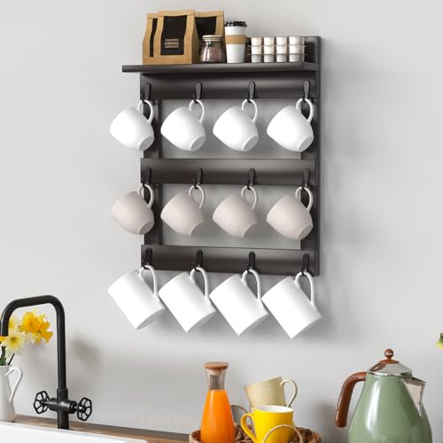 FoverOne Coffee Mug Rack Wall Mounted, Bamboo Mug Holder with 12 Hooks and Shelf