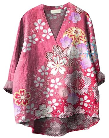Chemise à manches longues pour femme - Noir - Motif géométrique traditionnel japonais - Imprimé - Décontracté - Coton et lin - Col en V - Vêtements pour femmes, rose, L