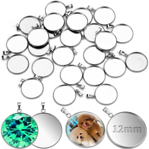 TXXATX 25 Stück Anhänger Tabletts Kit Cabochon Rohlinge 12 mm Edelstahl Anhänger Rohlinge Runde Lünette Rohlinge Tabletts Anhänger Einstellungen für DIY Schmuck Armbänder Ohrring Schlüsselanhänger