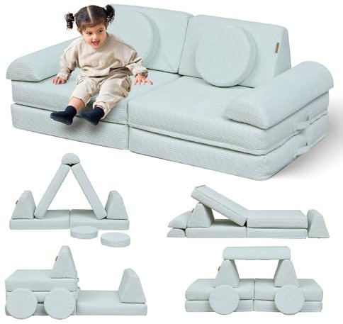 Tutti Bambini Playrama Kids Sofa - 10-Piece Modular Play Couch for Kids, Stackable Baby & Toddler Sofa, Corduroy Soft Play Sofa with Machine-Washable Covers, Kids Sofa Bed from 12+ Months (Sea Mist)