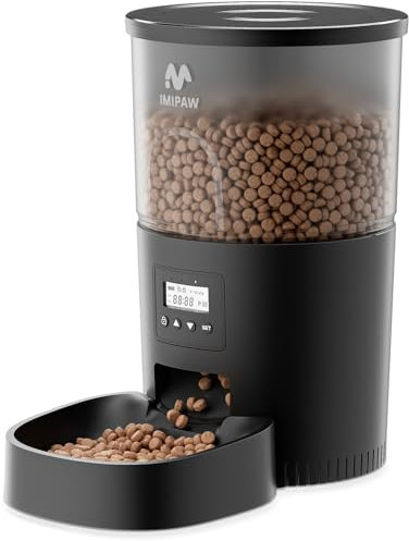 IMIPAW Futterautomat Katze, Katzenfutter Automat mit Programmierbarem Timer, Einfache Bedienung, 1-6 Mahlzeiten pro Tag, Futterspender für Katzen und Hunde (Schwarz, 3L)