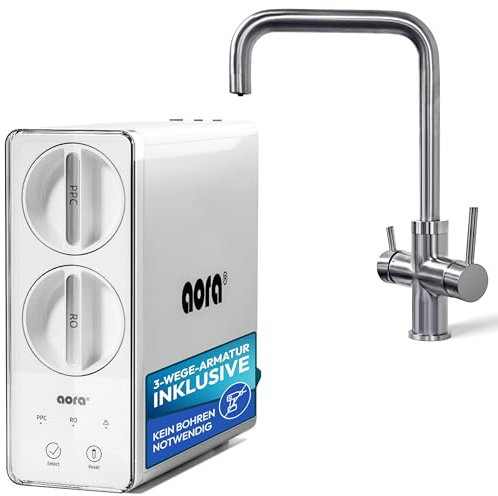 aora GT600 Umkehrosmoseanlage + 3-Wege-Edelstahl-Armatur OHNE bohren – Osmose Wasserfilter mit 8-Stufen-Filtration & Filterwechsel in 3 Sek. – Osmoseanlage Untertisch + tanklosem RO System - Giulia-U