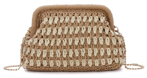 Ynport Crefreak Bolso de Mano de paja para Mujer Bolso de Playa de Verano Tejido con Correa de Cadena, Diseño Hueco para Vacaciones y Salidas Nocturnas