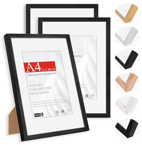 HIMEETIME® 3x Cadre Photo Bois Noir A4,Cadre avec Verre Acrylique Transparent DIN A4 21 x 30 cm,Grand Tableau 21 x 29,7cm,Avec passe-partout - Format A5-15 x 21 cm,À suspendre/à poser pour photos