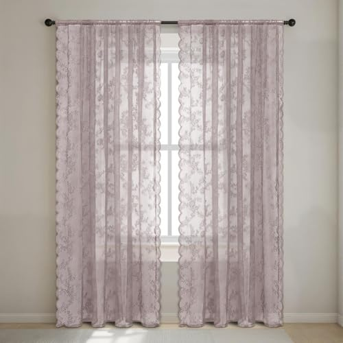 Fudaiki Transparente Spitze Vorhänge mit Kräuselband Oben für Schlafzimmer und Wohnzimmer 2 Stück Lichtdurchlässige, einfarbige Voile-Vorhänge, Fensterdekorationen Grau-Rosa 150x100cm
