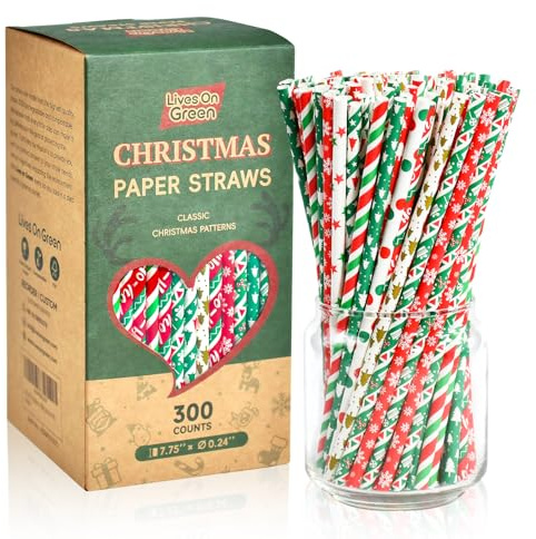 Lives On Green Christmas Paper Drinking Straws 300 Pack 7.7 Inch Disposable Drinking Straws for Christmas Parties - 10 Designs for Home, Bars and Restaurants