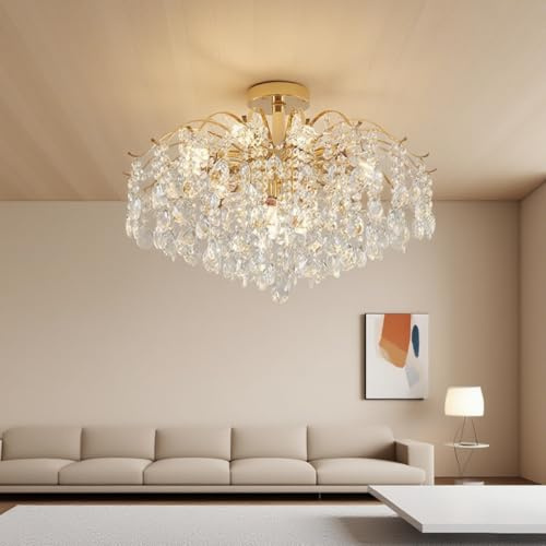 DOCJX Moderner Kronleuchter Französisch Elegante Kristall Hängelampe Gold Pendelleuchte Esstisch Leuchtend Für Wohnzimmer, Esszimmer Farbtemperatur Luxus Design Mit Kristallbesatz Beleuchtung(B,60CM)