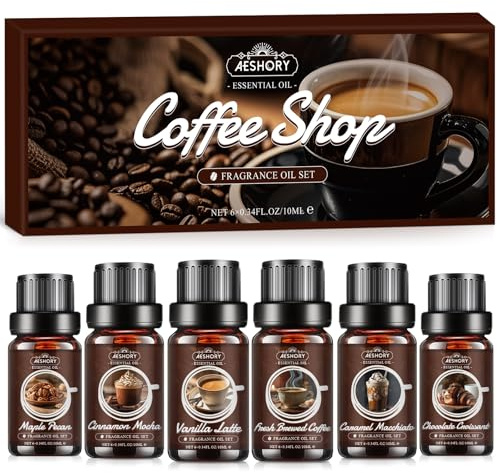 AESHORY 6 x 10 ml Kaffee Ätherische Öle Set, Natürliche Duftöle für Diffuser – Frisch Gebrühter Kaffee, Vanille Latte, Karamell Macchiato, Zimt Mokka, Ahorn Pekannuss, Schokoladen Croissant