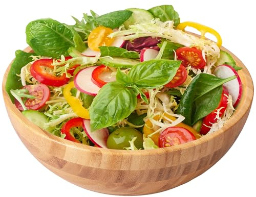 YUEKUNTJ Bamboo Salad Mixing Bowl, Large Capacity Wood Fruit Bowls, Picnic Bowl Serve, Wooden Dough Kneading Bowl, Unbreakable Wood Round Salad Bowls for Noodles Snacks Desserts Nuts (25cm)