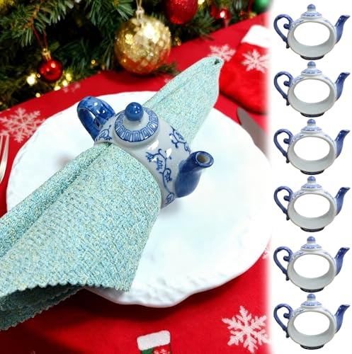 New Classic Teapot-Shaped Napkin Ring Set of 6 Ceramic Napkin Rings 3-inch Blue-and-White Design Napkin Holders Ideal for banquets, Table Decorations or Gifts（A）