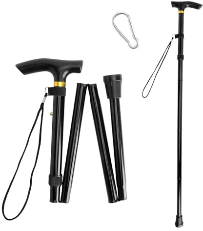 Gehstock Klappbar 5-Stufig Höhenverstellbarer Faltbarer Damen Herre | Rutschfestem Gummifuß, mit Karabiner, Leichter Teleskopstock, als Gehhilfe für Senioren, Spazierstock für Reise