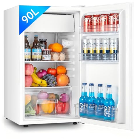FOHERE Petit Frigo avec Congélateur de 91L, Réfrigérateur à une porte, Bac à Légumes, Thermostat Réglable, Silencieux, Petit Frigo de Bureau, Porte Réversible, Dortoir, Chambre, Blanc