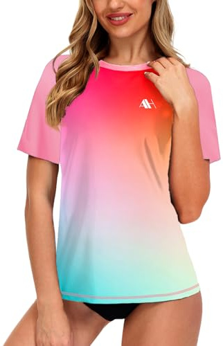 Swimming Tops Womens Outdoor T-Shirt Sun Protection Rash Vest Short Sleeve Rash Guard Swim Shirt Pink Green M