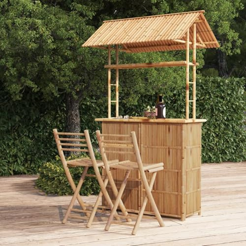 Mengtu Bambus Bar-Set für Garten oder Terrasse - Stabile Konstruktion mit Sonnenschutzdach - 2 Stühle und Theke 215 cm Bar-Thekenmöbel 341741