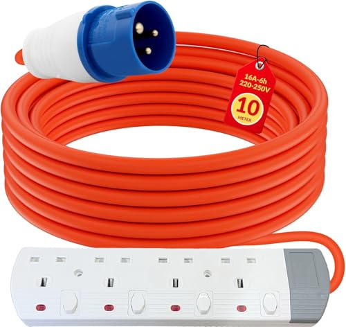 Caravan Camping Extension Lead 10m with 16A Plug and 4 Socket Power Hub, Ideal for Outdoor Setups and Travel Power Needs, Durable Electric Hook Up Cable for Multi Device Use