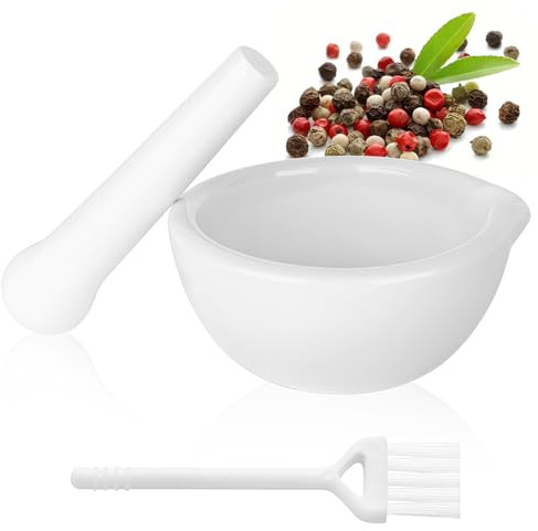 Mortero y maja, pequeño juego de mortero y maja de porcelana, molinillo de tabletas con maja, mortero y maja de especias, adecuado para uso doméstico, en la cocina y en el laboratorio (60ml)