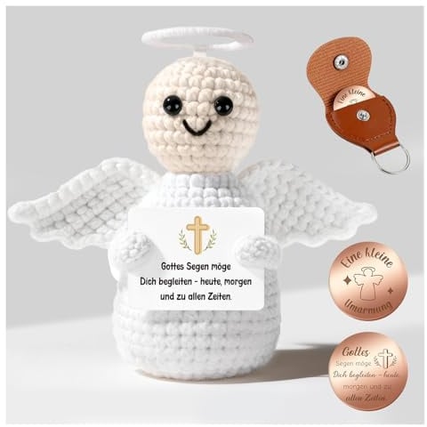 Giftota Pocket Hug Schutzengel - Handgehäkelte Schutzengel mit Glücksmünze & Lederetui - Kommunion, Konfirmation, Taufe Geschenke - Glücksbringer, Mutmacher, Gute Besserung Geschenk
