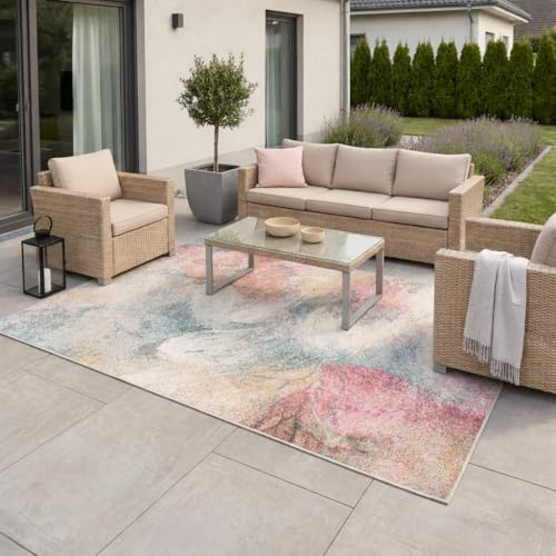 Pergamon Lagos Vintage Modern Bunt Indoor Outdoor Teppich – Flachgewebe für Wohnzimmer, Terrasse & Balkon – Wetterfest, Pflegeleicht