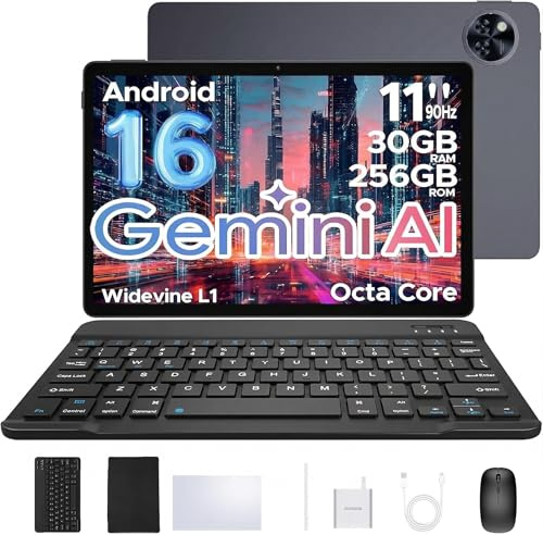 POPUX U11 Pro Android 16 AI Tablet, 11 Inch Android Tablets, 30GB RAM+256GB ROM/2TB, 90Hz Octa Core, 8580mAh Battery, Widevine L1|Gemini AI|5G WiFi, Tablet with Pen, Keyboard, Mouse&Case