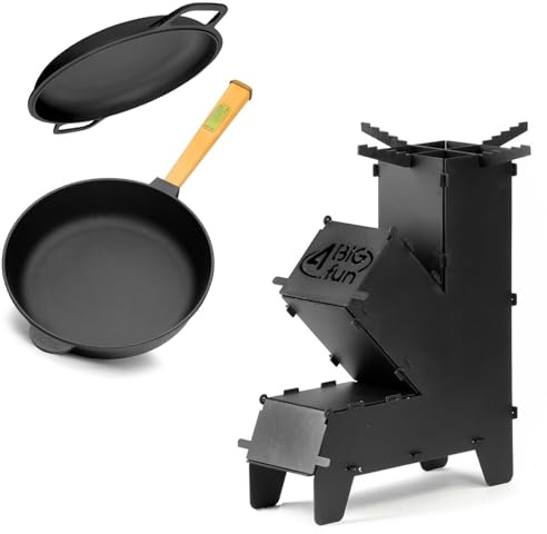 Raketenofen für Dutch Oven Ø20 cm Gusseisenpfanne Ø20 cm Deckel-Bratpfanne Gusseisen Universaldeckel Servierpfanne Induktion Campingkocher Rocket Stove Grillen Camping Hobo Holzofe