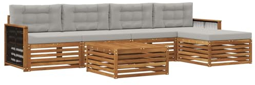 vidaXL Outdoor-Sofagarnitur mit Kissen 6 pcs Natürlich und Hellgrau, Patio-Sofa, modernes Eckset, wetterfester Gartenlounge, Bequeme Terrassenplätze für entspannte Zeiten