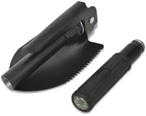 Folding Shovel Carbon Steel Black 4 in 1 Field Spade with Shovel, Pickaxe, Saw and Bottle Opener, Compact Foldable with Compass and Case, Ideal for Digging, Digging, Planting and Camping
