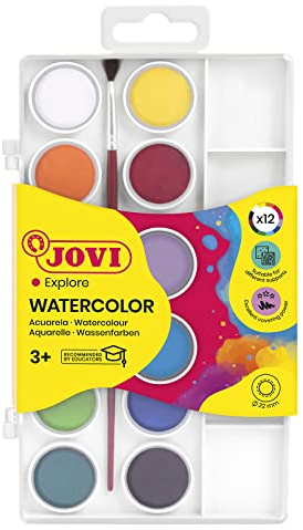Jovi - Kit Aquarelle avec Pinceau, 12 godets 22mm, Couleurs Brillantes et Intenses, Peinture facile à diluer à l'eau et à séchage rapide, Sans Gluten (800/12)