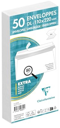 Clairefontaine 5935C - Packung mit 50 Umschlägen weiß DL-110x220mm, vertraulich, selbstklebend, 80g, 1 Pack