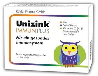 Unizink IMMUN PLUS – Nährstoff-Komplex mit Zink, Vitamin C, D3 und E sowie Selen, Bioflavonoiden und Beta-Glucan, unterstützt eine normale Funktion des Immunsystems, gluten- & laktosefrei, 10 St