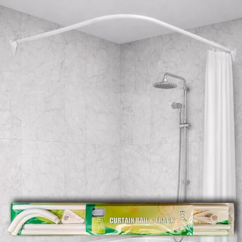 White Shower Curtain Rail/Rod Pole Kit for L SHAPE or U SHAPED Bathroom Showers