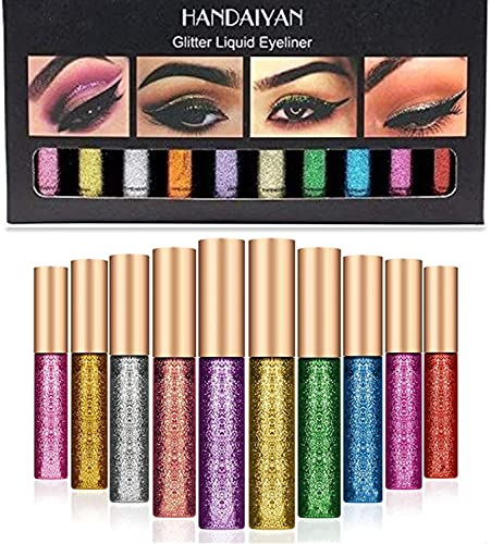 10 Stück/Set Sexy Women Glitter Eyes Make Up Liner Einfach zu tragen Wasserdichtes pigmentiertes rotes Weißgold Liquid Eyeliner Glitter Makeup