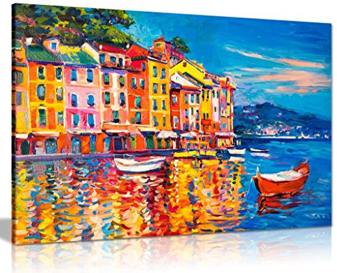 Colourful Harbour Boats Canvas Wall Art, Large Framed Print 12x8in | Panther Print, Ready to Hang, Oil Painting Style Seaside Pictures for Living Room Bedroom Hallway, Canvas Prints for Walls