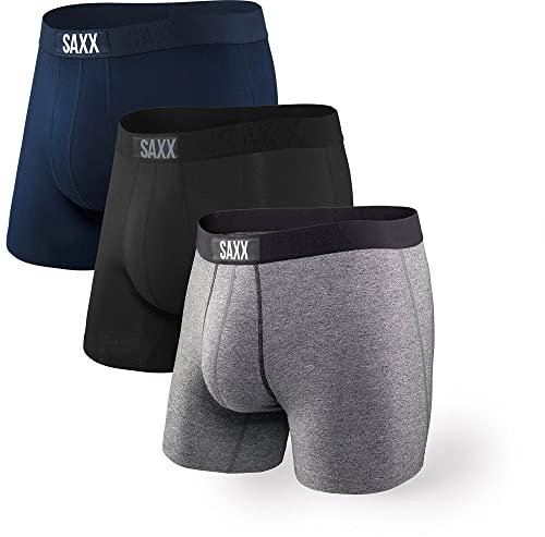 SAXX Underwear Herren Vibe Boxer 3er Pack Kurze Unterhose Funktionsunterwäsche, Black/Grey/Blue, S
