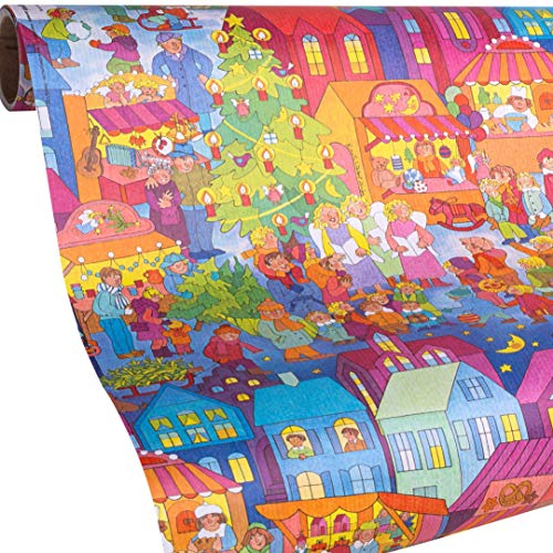 Geschenkpapier Kinder Weihnachten - WEIHNACHTSMARKT - 5m Rolle - Weihnachtsgeschenkpapier für Mädchen & Jungs für Weihnachten und Advent