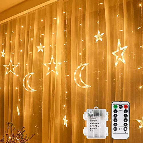 LED Lichtervorhang Lichterkette, Vegena 3.5M Sterne Mond LED Fenstervorhang Lichter Batteriebetriebene mit Fernbedienung 8 Blinkenden Modi, für Garten Haus LED Sternenvorhang Dekorative Warmweiß
