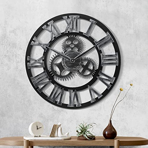 Lafocuse Holz Wanduhr Groß Industrial Silber, Lautlos Wanduhr Vintage 60cm XXL, Zahnrad Römische Ziffern Steampunk Gross für Wohnzimmer Küche