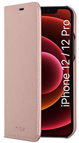 CASEZA Coque iPhone 12 / iPhone 12 Pro Rose Gold Cuir Végétalien Oslo Etui Folio à Rabat Portefeuille Livre en Simili Cuir pour iPhone 12 / iPhone 12 Pro (6.1) Originale - Ultra Mince