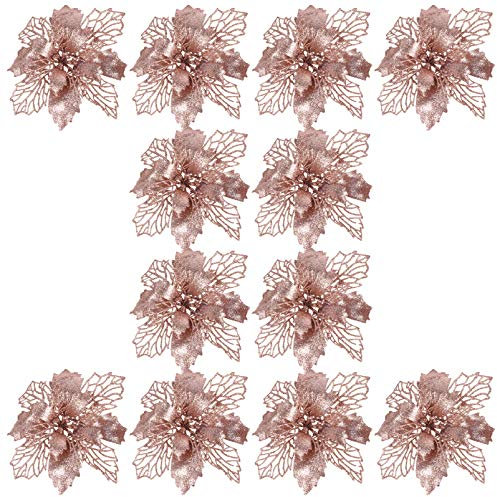 TOYANDONA 12Pcs Christmas Glitter Poinsettia Flowers Artificial Flowers Wedding Glitter Christmas Wreath Tree Ornaments for New Year Xmas Tree Decorations (Rose gold)