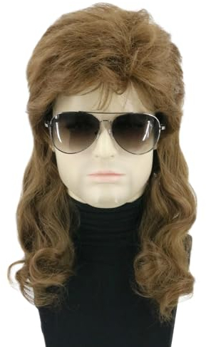 Topcosplay Vokuhila Perücke Herren Afro 80er Perücke Männer Karneval Rocker Hippie Perücke (Braun Curly)