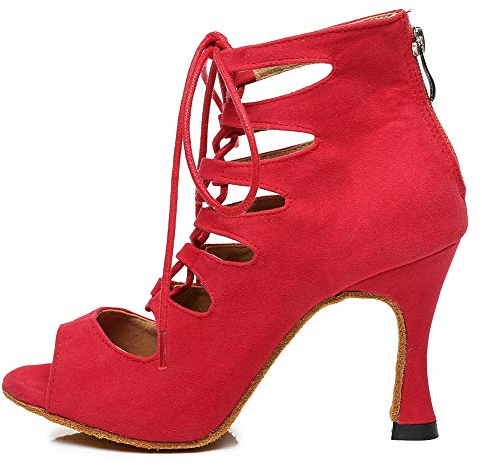 RUYBOZRY Stivali da Ballo Latino Americano Donna con Punta Aperta con Tacco Scarpe Ballo Tango da Salon,YCL456-Rosso-7.5,EU38