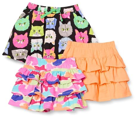 Amazon Essentials Jupe-Short à Volants en Maille (Anciennement Spotted Zebra) Fille, Lot de 3, Noir Chat/Orange Clair/Rose Imprimé Arc-en-Ciel, 4 Ans