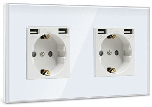 BSEED USB Steckdose Doppel Weiß Schuko Steckdose mit USB Anschluss (Max. 2.1A) Unterputz Steckdose Glas Schutzkontakt-Steckdose Ladegerät für Handys, Laptops etc