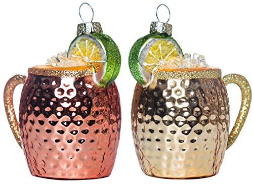 Set of 2 Glass Blown Christmas Ornaments Moscow Mule Mug, Drinks Drinking Blown Glass Cocktail Ornaments for Christmas Tree Decorations