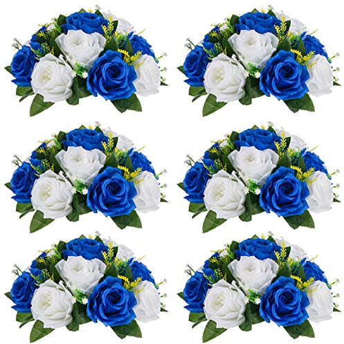 NUPTIO Centres de Table en Boule de Fleurs Artificielles: 6 Boules Roses Bleues Fausses Fleurs 24cm Diamètre pour Arrangements Roses en Fausse Soie pour Décorations Table Fête Réception Mariage