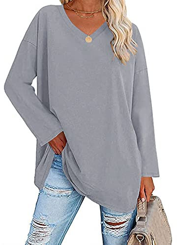 Famulily Spring Autumn Basic Tunic Tops for Women UK Elegant V Neck Long Sleeve T Shirt Soft Tee Tops Grey XXL