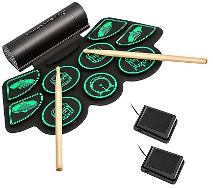 DREAMADE Schlagzeug Elektronisch mit 9 Pads, Aufrollbar E-Drum Set mit 2 Stereolautsprechern & 4 Demos & 9 Begleitmusik, Elektronisches Schlagzeug Set für Anfänger (Grün)