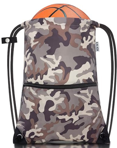 CALACH Rucksack mit Kordelzug, Sporttasche, Yoga, Reiserucksack für Damen und Herren, große Größe mit Reißverschlusstaschen, Braun/Camouflage, Large, Military