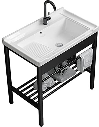 Fregadero de cerámica blanco,Lavabo baño,Fregadero exterior jardin,con Grifo,Fácil De Limpiar, Fregadero Portatil, for Comerciales Restaurante, Lavandería ( Color : Hot cold faucet , Size : 70X48X83CM