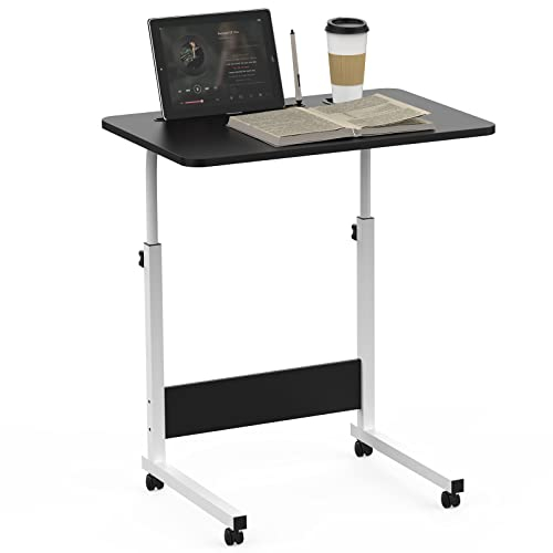 Rcynview 60x40cm Laptoptisch Höhenverstellbar Schreibtisch Schwarz Computertisch Mobiler Laptop Tisch mit Rollen Kartenschlitz Getränkehalter Beistelltisch Holz für Schlafzimmer Wohnzimmer Büro